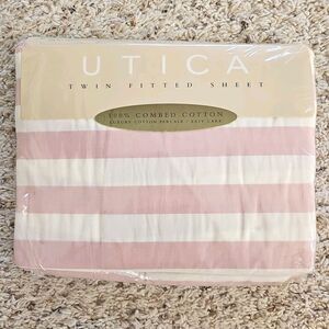 Vtg Utica Serina Luxury Percale Twin Fitted Sheet NEW USA Cotton Pink Stripe